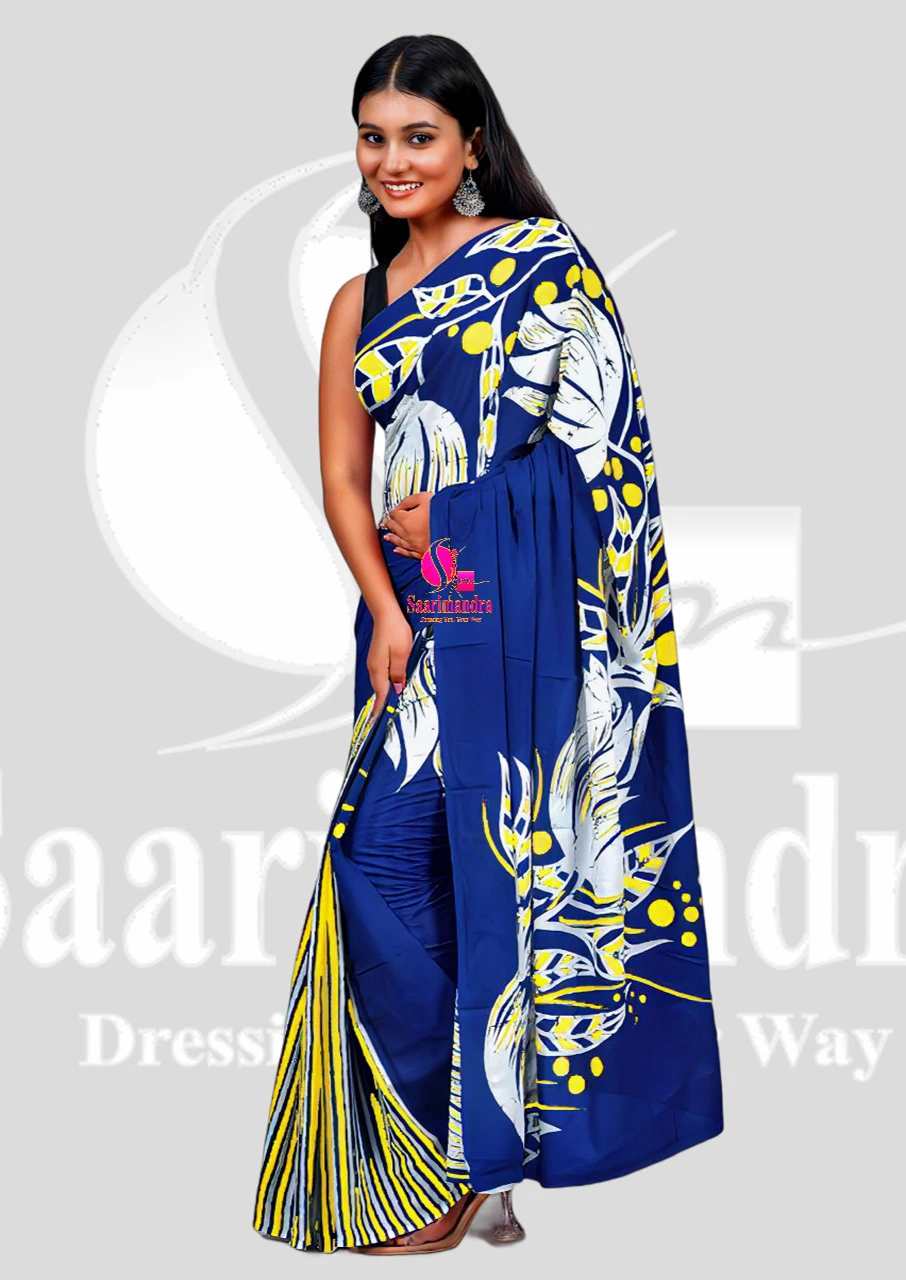 Batik Indian Premium Elegant Navy Blue & Yellow Leaf Printed Batik Cotton Saree